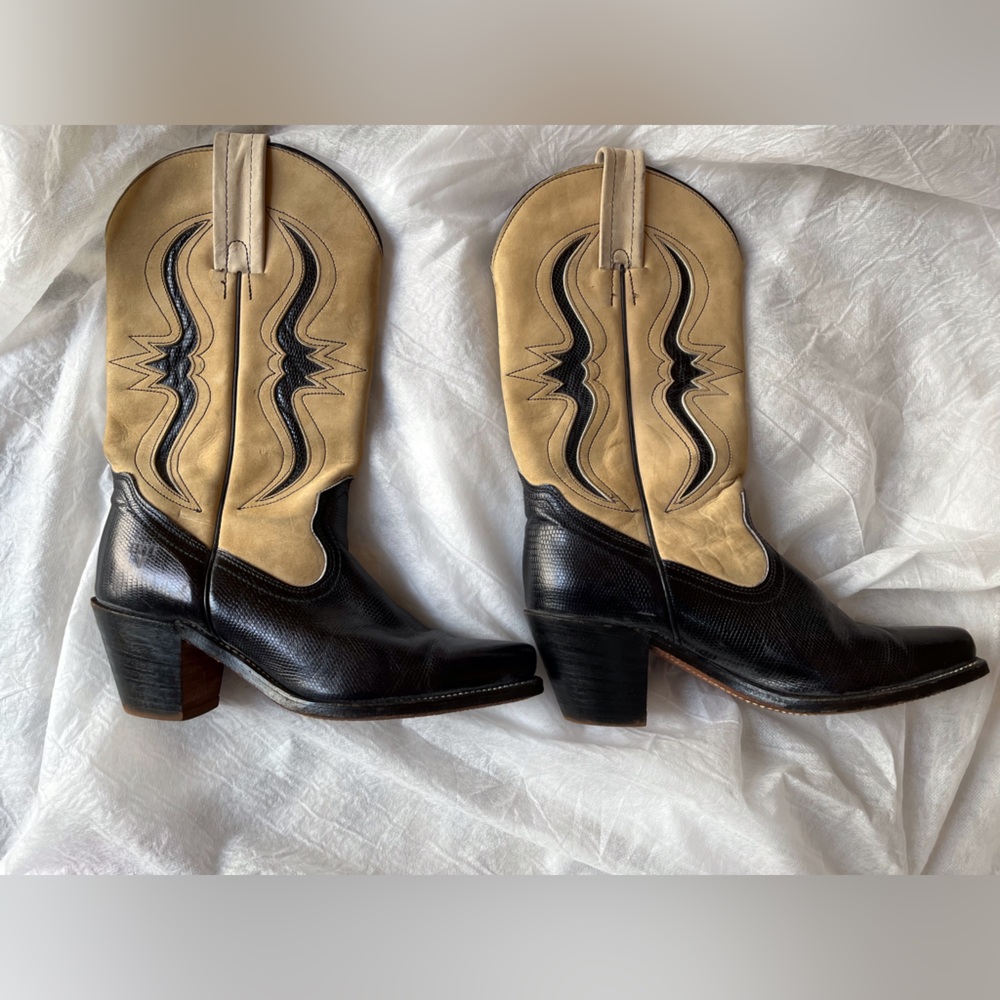 Frye Vintage Lizard Cowgirl Cowboy boots Black/Tan